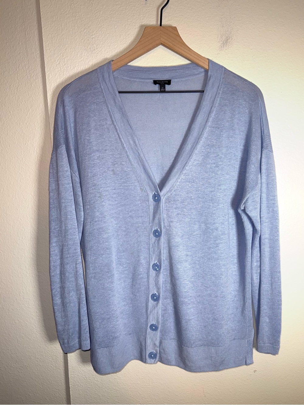 TALBOTS Petite Sky Blue Lightweight Linen Knit Coastal Cottagecore cardigan L